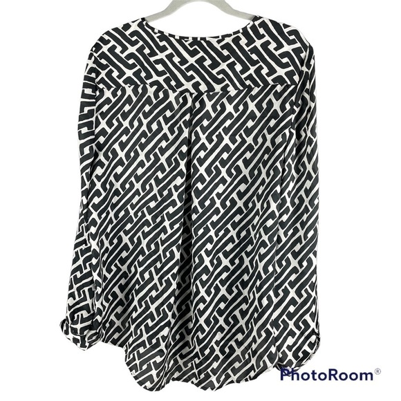 INC International Concepts Black and Cream patterned blouse. Roll tab sleeves. - Picture 2 of 9